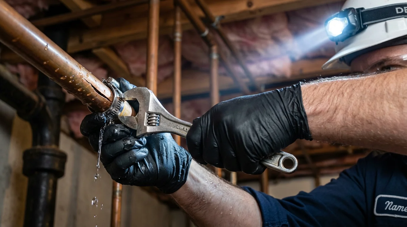 Emergency pipe clamp repair being performed by a Johns Plumbing LLC plumber in Ontario