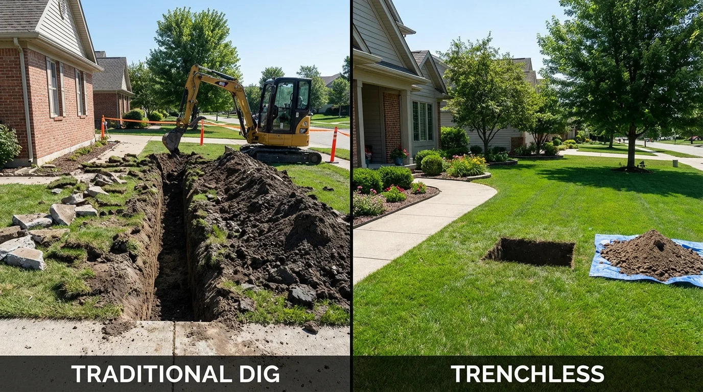 Trenchless sewer repair with minimal yard damage versus traditional excavation in Ontario, NY