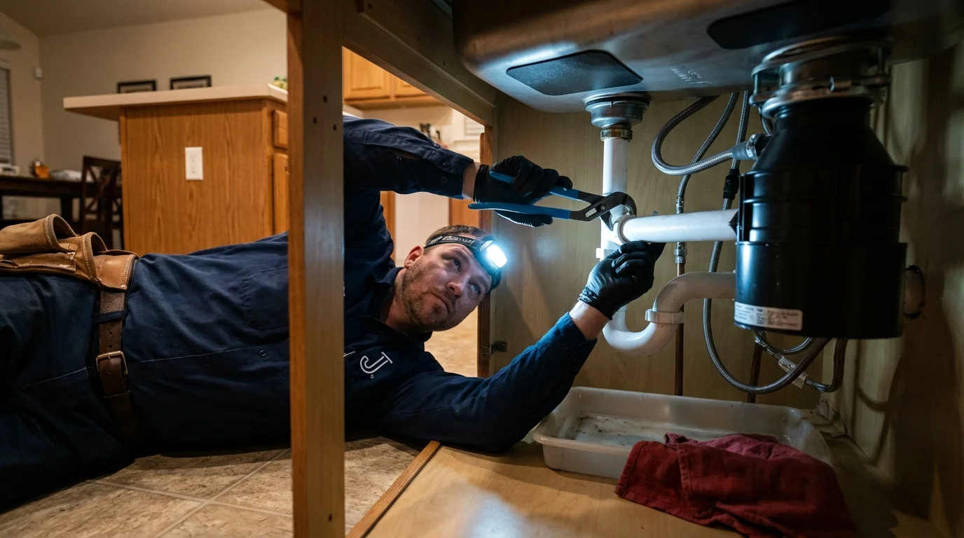 P-trap and supply line connections under a kitchen sink showing a common leak point in Ontario, NY